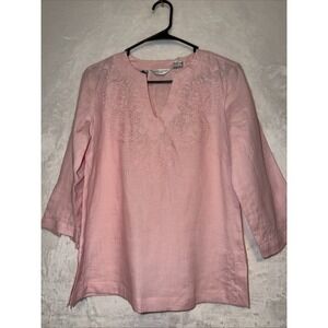 Richard Malcolm 100% Irish Linen Pink Embroidered Tunic Top 3/4 Blouse